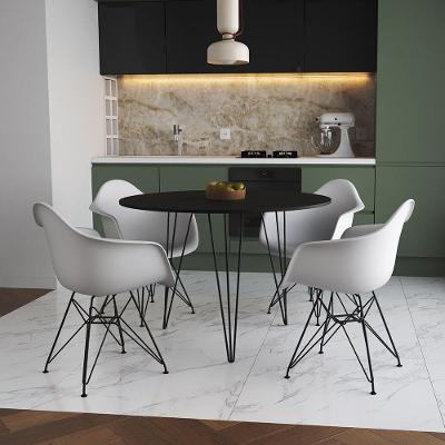 Mesa Jantar Redonda 90Cm Preta Clips 3 Pés Com 4 Poltronas Brancas Ferro Preto - Cor: Preto