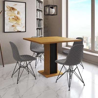 Mesa Jantar Londres Quadrada Canela 90Cm Base Preta 4 Cadeiras Eames Estofadas Grafite Ferro Preto