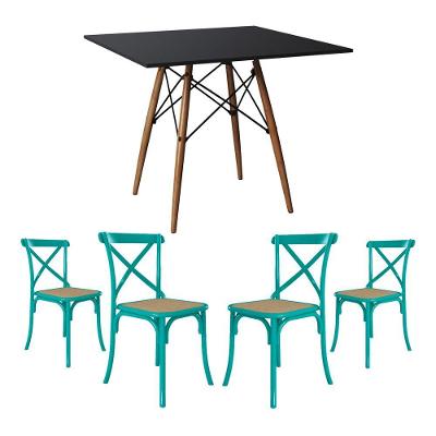 Jogo De Mesa Eiffel Quadrado Tampo De Madeira 90Cm Preto Com 4 Cadeiras Katrina Azul Turquesa
