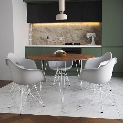 Mesa Jantar Redonda 110Cm Amêndoa Clips 3 Pés Com 5 Poltronas Brancas Ferro Branco - Cor: Amendoa