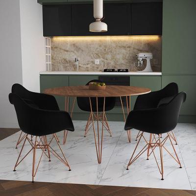 Mesa Jantar Redonda 110Cm Amêndoa Clips 3 Pés Com 5 Poltronas Pretas Base Cobre - Cor: Amendoa