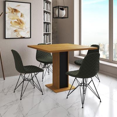 Mesa Jantar Londres Quadrada Canela 90Cm Base Preta 4 Cadeiras Eames Estofadas Verde Ferro Preto
