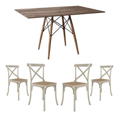 Jogo De Mesa Eiffel Retangular Tampo De Madeira 120X75Cm Amêndoa Com 4 Cadeiras Katrina Off White As