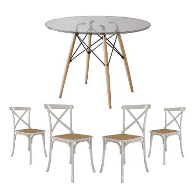 Conjunto De Mesa Eiffel Redondo Tampo De Vidro 110Cm Com 4 Cadeiras Katrina Branca Assento Bege