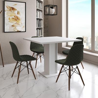 Mesa Jantar Londres Quadrada Branca 90Cm 4 Cadeiras Eames Estofadas Verde Madeira