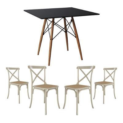 Conjunto De Mesa Eiffel Quadrado Tampo De Madeira 90Cm Preto Com 4 Cadeiras Katrina Off White
