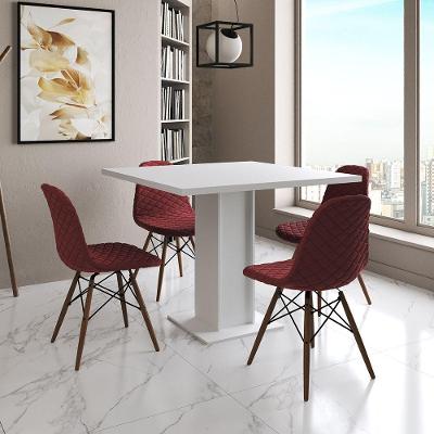 Mesa Jantar Londres Quadrada Branca 90Cm 4 Cadeiras Eames Estofadas Vermelho Madeira
