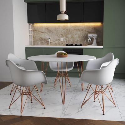 Mesa Jantar Redonda 110Cm Branca Clips 3 Pés Com 5 Poltronas Brancas Base Cobre - Cor: Branco