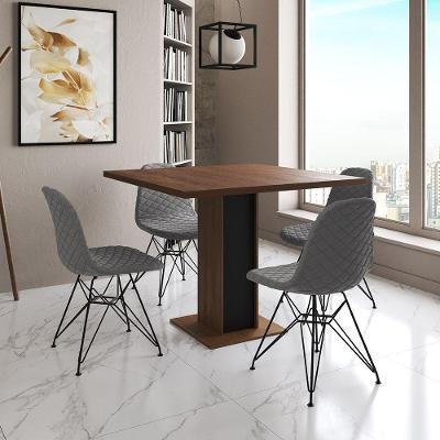 Mesa Jantar Londres Quadrada Amêndoa 90Cm Base Preta 4 Cadeiras Eames Estofadas Grafite Ferro Preto