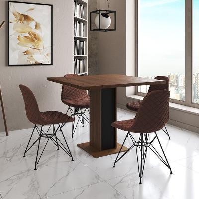 Mesa Jantar Londres Quadrada Amêndoa 90Cm Base Preta 4 Cadeiras Eames Estofadas Caramelo Ferro Preto