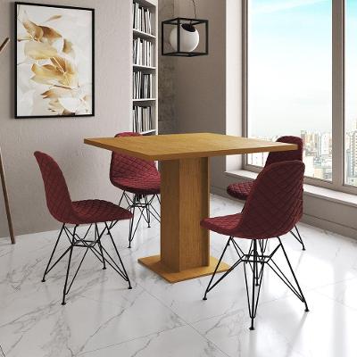 Mesa Jantar Londres Quadrada Canela 90Cm 4 Cadeiras Eames Estofadas Vermelho Ferro Preto