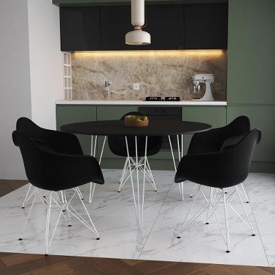 Mesa Jantar Redonda 110Cm Preta Clips 3 Pés Com 5 Poltronas Pretas Ferro Branco - Cor: Preto