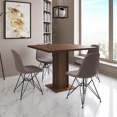 Mesa Jantar Londres Quadrada Amêndoa 90Cm 4 Cadeiras Eames Estofadas Nude Médio Ferro Preto