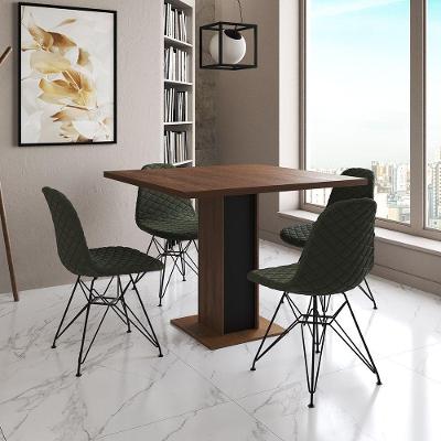 Mesa Jantar Londres Quadrada Amêndoa 90Cm Base Preta 4 Cadeiras Eames Estofadas Verde Ferro Preto