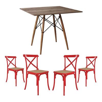 Jogo De Mesa Eiffel Quadrado Tampo De Madeira 90Cm Amêndoa Com 4 Cadeiras Katrina Vermelhao B