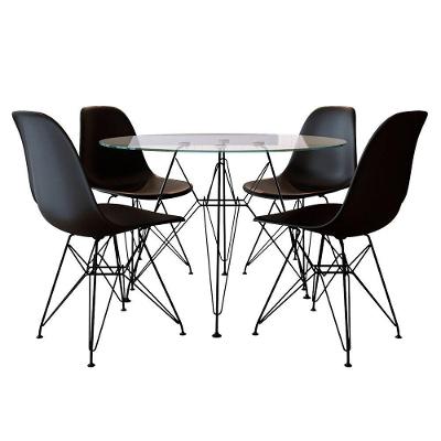 Mesa Jantar De Ferro Preto Tampo Redondo 90Cm Vidro 4 Cadeiras Pretas