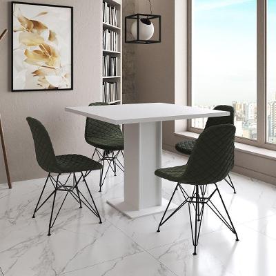 Mesa Jantar Londres Quadrada Branca 90Cm 4 Cadeiras Estofadas Verde Eames Ferro Preto