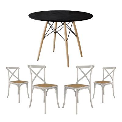 Jogo De Mesa Eiffel Redondo Tampo De Madeira 90Cm Preto Com 4 Cadeiras Katrina Branca Assento Bege