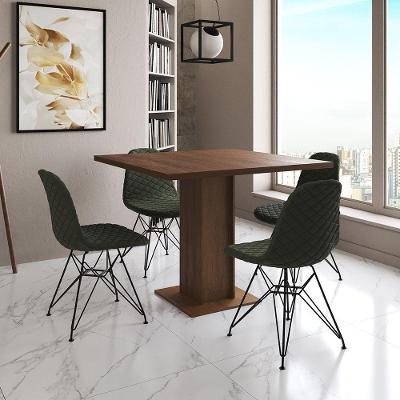 Mesa Jantar Londres Quadrada Amêndoa 90Cm 4 Cadeiras Eames Estofadas Verde Ferro Preto