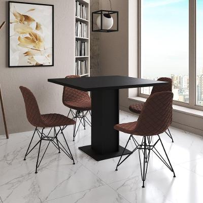 Mesa Jantar Londres Quadrada Preta 90Cm 4 Cadeiras Estofadas Caramelo Eames Ferro Preto