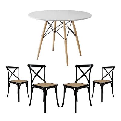 Jogo De Mesa Eiffel Redondo Tampo De Madeira 110Cm Branco Com 4 Cadeiras Katrina Preto Assento Bege