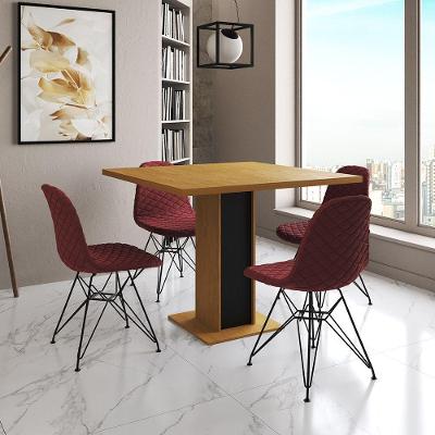 Mesa Jantar Londres Quadrada Canela 90Cm Base Preta 4 Cadeiras Eames Estofadas Vermelho Ferro Preto