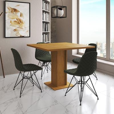 Mesa Jantar Londres Quadrada Canela 90Cm 4 Cadeiras Eames Estofadas Verde Ferro Preto