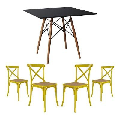 Conjunto De Mesa Eiffel Quadrado Tampo De Madeira 90Cm Preto Com 4 Cadeiras Katrina Amarela Assento