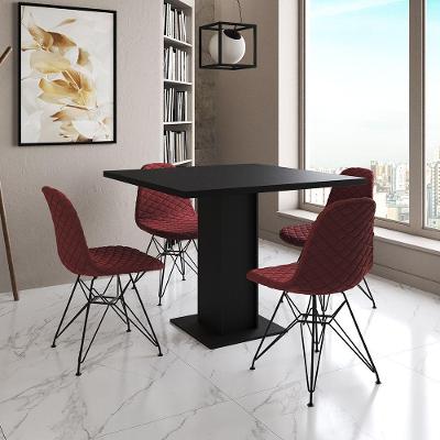 Mesa Jantar Londres Quadrada Preta 90Cm 4 Cadeiras Estofadas Vermelho Eames Ferro Preto