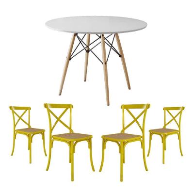 Conjunto De Mesa Eiffel Redondo Tampo De Madeira 90Cm Branco Com 4 Cadeiras Katrina Amarela Assento
