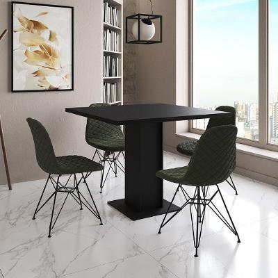 Mesa Jantar Londres Quadrada Preta 90Cm 4 Cadeiras Estofadas Verde Eames Ferro Preto