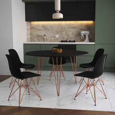 Mesa Jantar Redonda 110Cm Preta Clips 3 Pés Com 5 Cadeiras Pretas Base Cobre - Cor: Preto