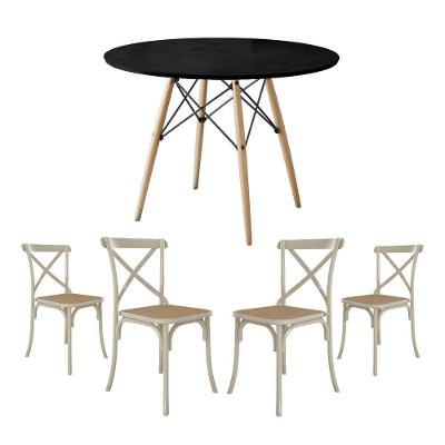 Jogo De Mesa Eiffel Redondo Tampo De Madeira 90Cm Preto Com 4 Cadeiras Katrina Off Whiteo Beg