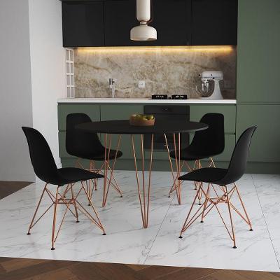 Mesa De Jantar Redonda 90Cm Preta Clips 3 Pés Com 4 Cadeiras Pretas Base Cobre Cor: Preto