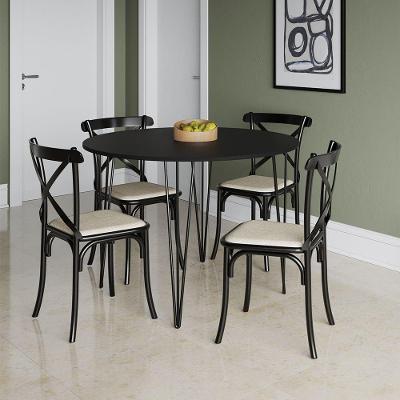 Mesa Jantar Redonda Preta Elen 110Cm Hairpin Com 4 Cadeiras Katrina Preta - Preto