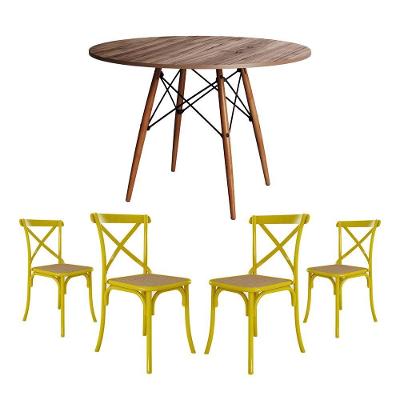 Conjunto De Mesa Eiffel Redondo Tampo De Madeira 90Cm Amêndoa Com 4 Cadeiras Katrina Amarelao