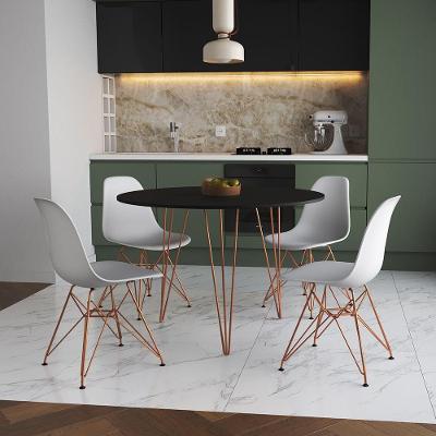 Mesa De Jantar Redonda 90Cm Preta Clips 3 Pés Com 4 Cadeiras Brancas Base Cobre Cor: Preto
