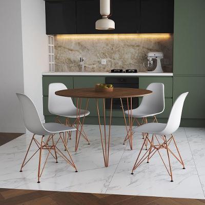 Mesa De Jantar Redonda 90Cm Amêndoa Clips 3 Pés Com 4 Cadeiras Brancas Base Cobre Cor: Amendoa