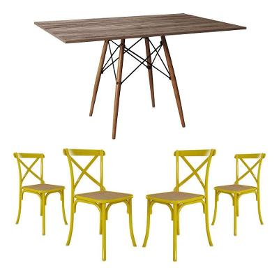 Conjunto De Mesa Eiffel Retangular Tampo De Madeira 120X75Cm Amêndoa Com 4 Cadeiras Katrina Amarela
