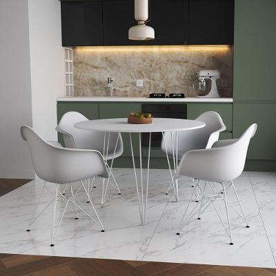 Mesa Jantar Redonda 110Cm Branca Clips 3 Pés Com 4 Poltronas Brancas Ferro Branco - Cor: Branco