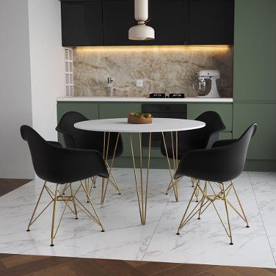 Mesa Jantar Redonda 110Cm Branca Clips 3 Pés Com 4 Poltronas Pretas Base Dourada - Cor: Branco