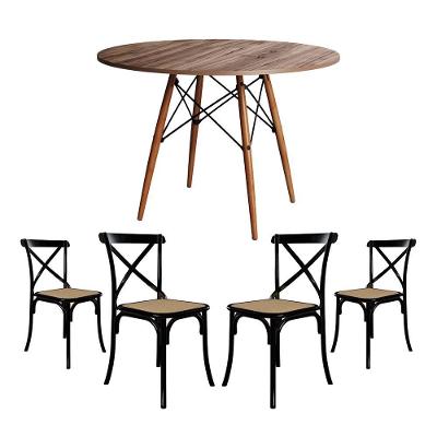 Jogo De Mesa Eiffel Redondo Tampo De Madeira 90Cm Amêndoa Com 4 Cadeiras Katrina Preto Assento Bege