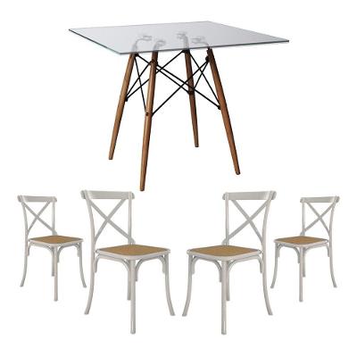 Jogo De Mesa Eiffel Quadrado Tampo De Vidro 110Cm Com 4 Cadeiras Katrina Branca Assento Bege