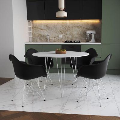 Mesa Jantar Redonda 110Cm Branca Clips 3 Pés Com 4 Poltronas Pretas Ferro Branco - Cor: Branco