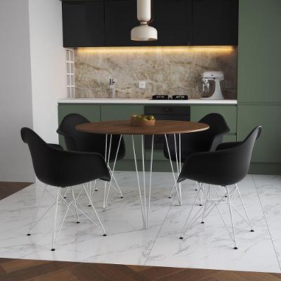 Mesa Jantar Redonda 110Cm Amêndoa Clips 3 Pés Com 4 Poltronas Pretas Ferro Branco - Cor: Amendoa