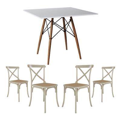 Jogo De Mesa Eiffel Quadrado Tampo De Madeira 90Cm Branco Com 4 Cadeiras Katrina Off Whiteo B