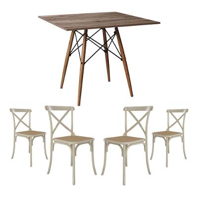 Conjunto De Mesa Eiffel Quadrado Tampo De Madeira 90Cm Amêndoa Com 4 Cadeiras Katrina Off White