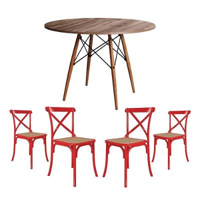 Jogo De Mesa Eiffel Redondo Tampo De Madeira 90Cm Amêndoa Com 4 Cadeiras Katrina Vermelhao Be