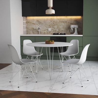 Mesa Jantar Redonda 110Cm Branca Clips 3 Pés Com 4 Cadeiras Brancas Ferro Branco - Cor: Branco