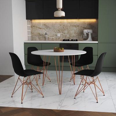 Mesa Jantar Redonda 110Cm Branca Clips 3 Pés Com 4 Cadeiras Pretas Base Cobre - Cor: Branco